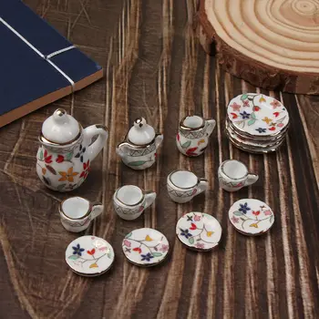 미니 세라믹 티 세트, 1:12 주방 미니어처 도자기 세트, 꽃 패턴 인형 집 액세서리 세트, 15 개