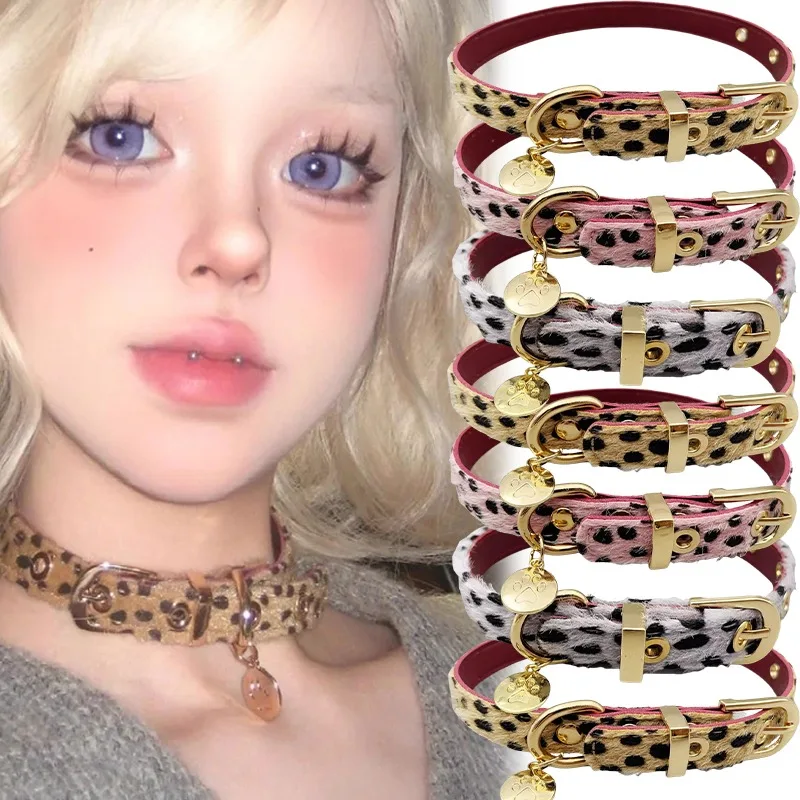 Y2k Sweet Cool Punk Puppy Footprint Pendant Necklace Leopard Pattern Plush Choker Collar Leather Neck Belt Party Jewelry Gifts