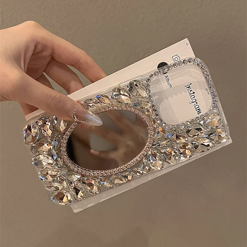 Fashion Bling Rhinestone Mirror Phone Cover For iPhone 16 15 14 Pro Max 13 Mini 12 11 XR XS White Waterdrop Crystal Case