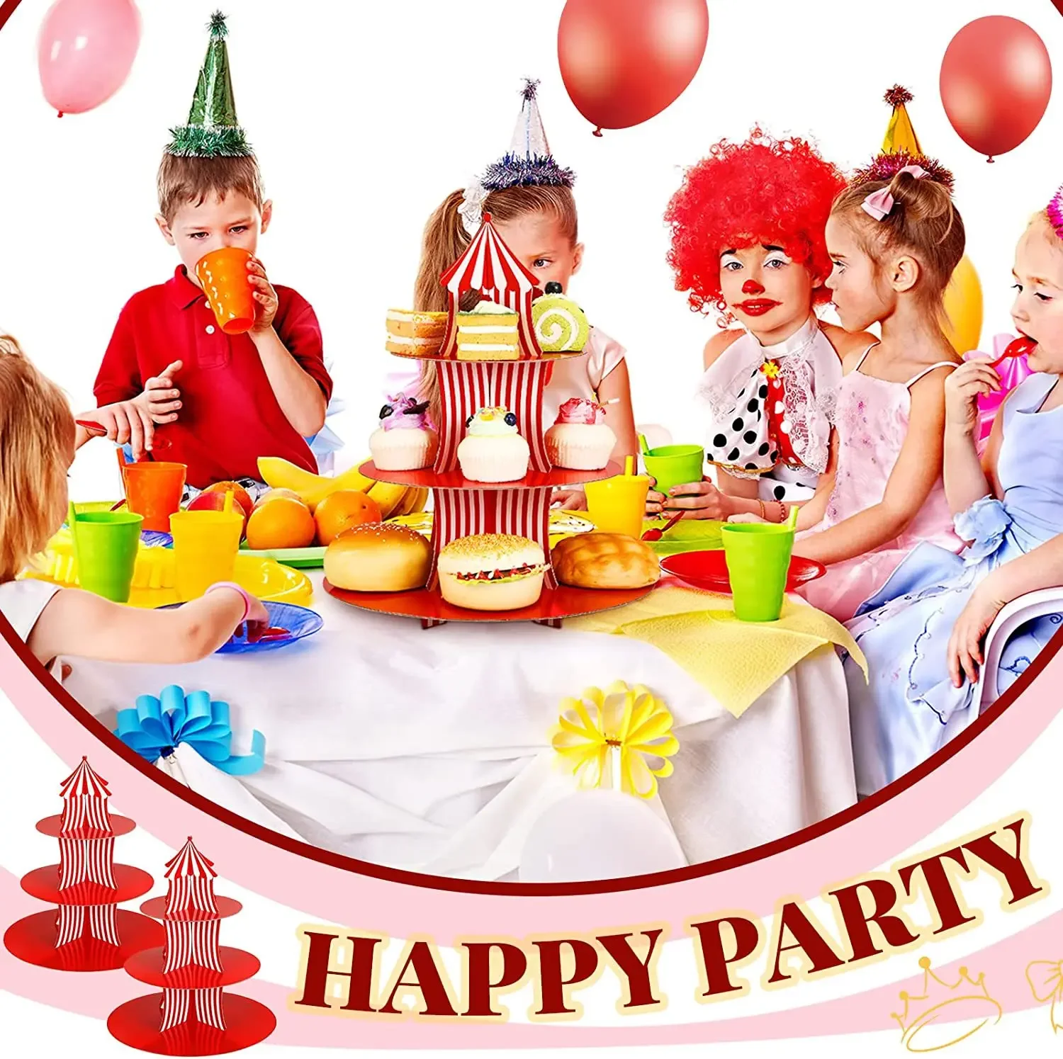 1Set 3 Tier Circus Carnival Paper Cupcake Stand Red Striped Cake Decorating Supplies Children\'s Day Dessert Cupcake Stand