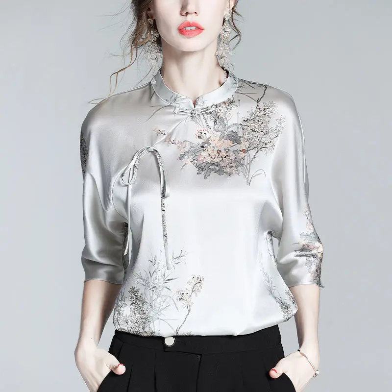 Femme Chinese Style Printing Silk Half Sleeve Stand Collar Blouse Autumn Office Lady Buttons Women Shirts Simplicity Lacing Tops 2023 autumn korean edition high waist simplicity casual women clothing buttons slim fit all match warm straight leg pants