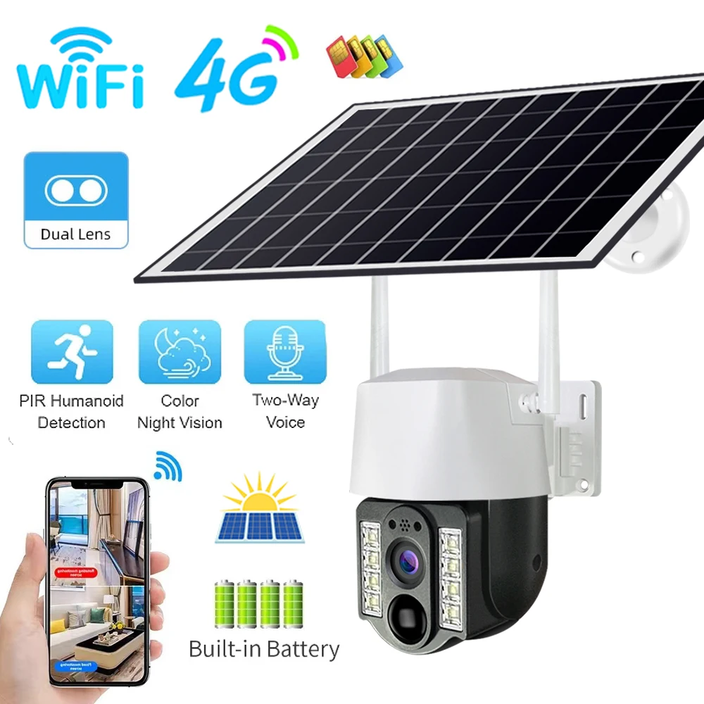 

4G Sim Solar Panel CCTV Camara Wifi Outdoor Camera PIR Humanoid Detection Night Vision V380 Security Protection Built in Battery