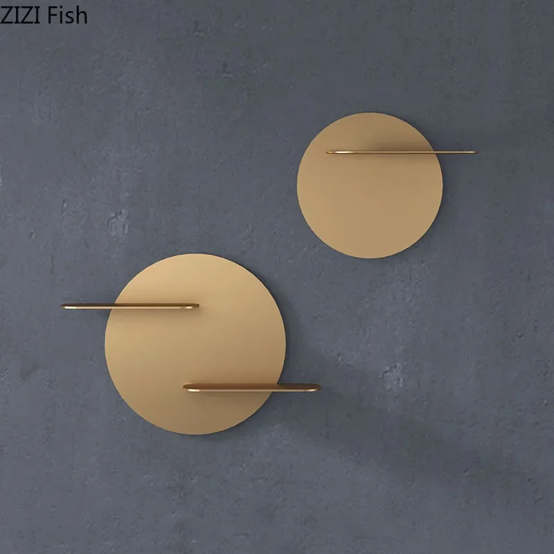 Metal Shelving Golden Round Wall Storage Shelf Hang Hook Ornaments Backdrop Wall Mount Rack Decorative Shelves Storage Hooks 4