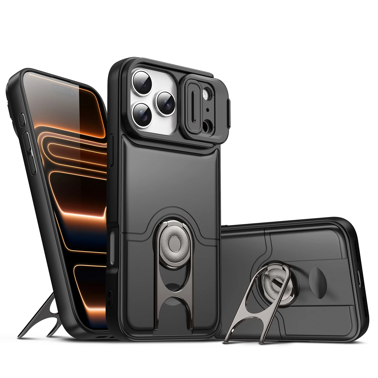 Metal Ring Stand Armor Shockproof Slide Window Phone Cover