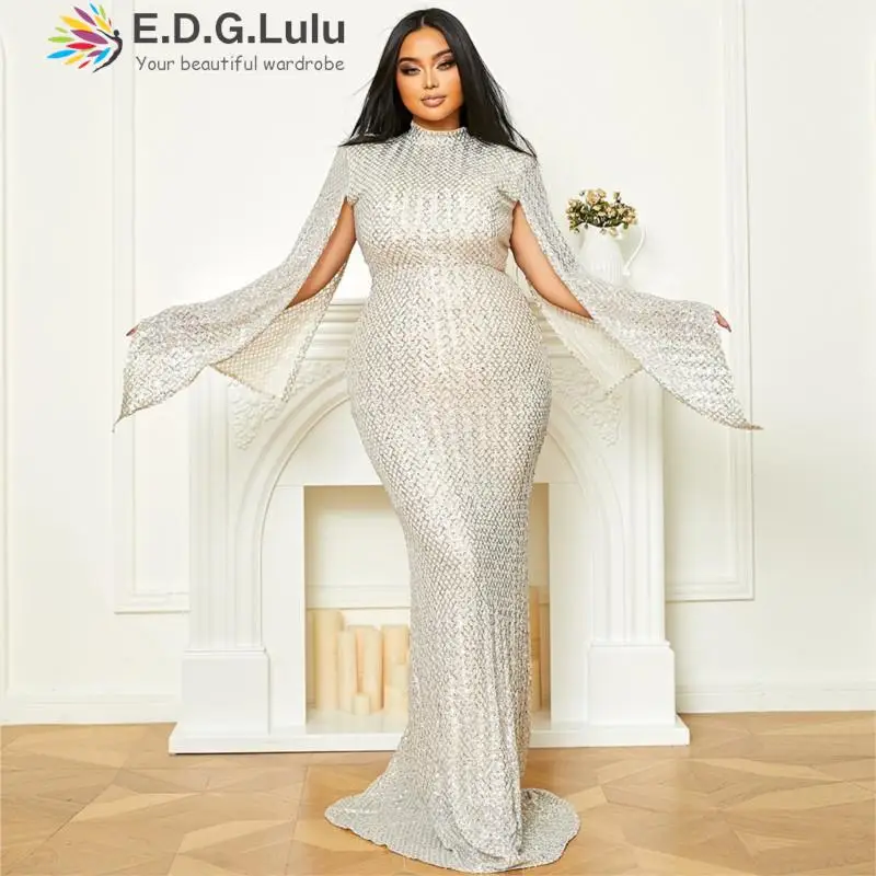 

EDGLuLu Autumn Fashion Elegant O Neck Blue Sequin Evening Dress Women Luxury Cloak Sleeves Party Long Mermaid Dress 1125