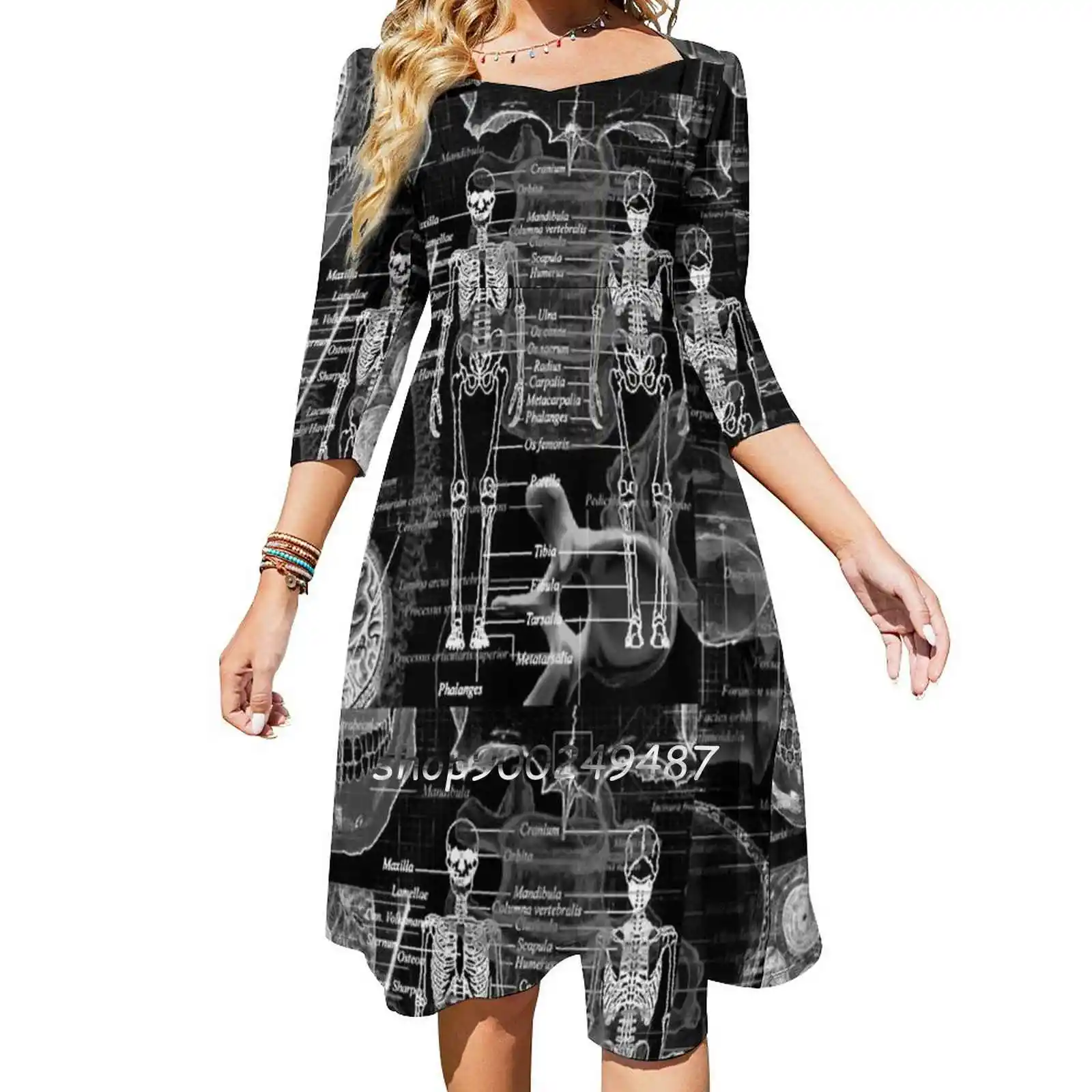 

Skeleton X-Ray Square Neck Dress Cute Loose Print Dresses Elegant Beach Party Dress Skeleton X Ray Black White Diagram Health