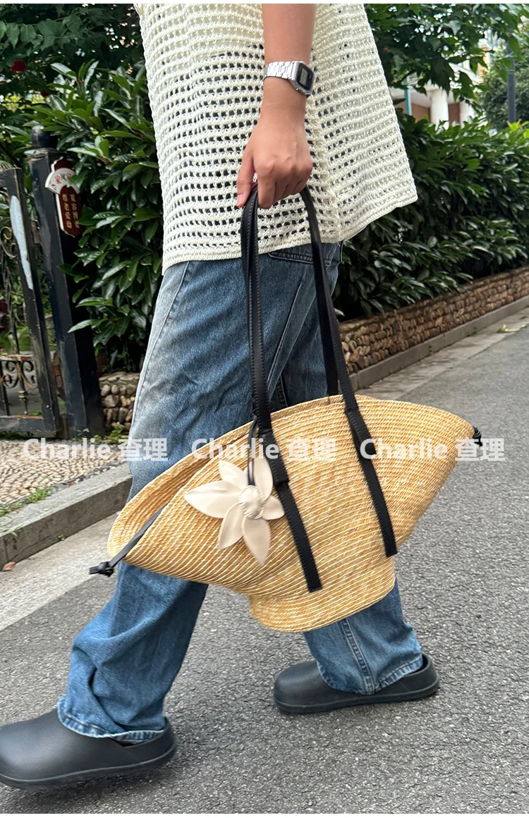 Straw Woven Handbags For Women Handmade Travel Seaside Beach Bag Summer New Handle Bucket Bag Shopping Tote Bag Basket Bolsa