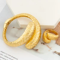 Cuff Bangle and Ring Jewelry Set for Dubai African 18k Gold Color Hand Bracelet Cocktail Ring Jewelry Set for Weddings Bride 1