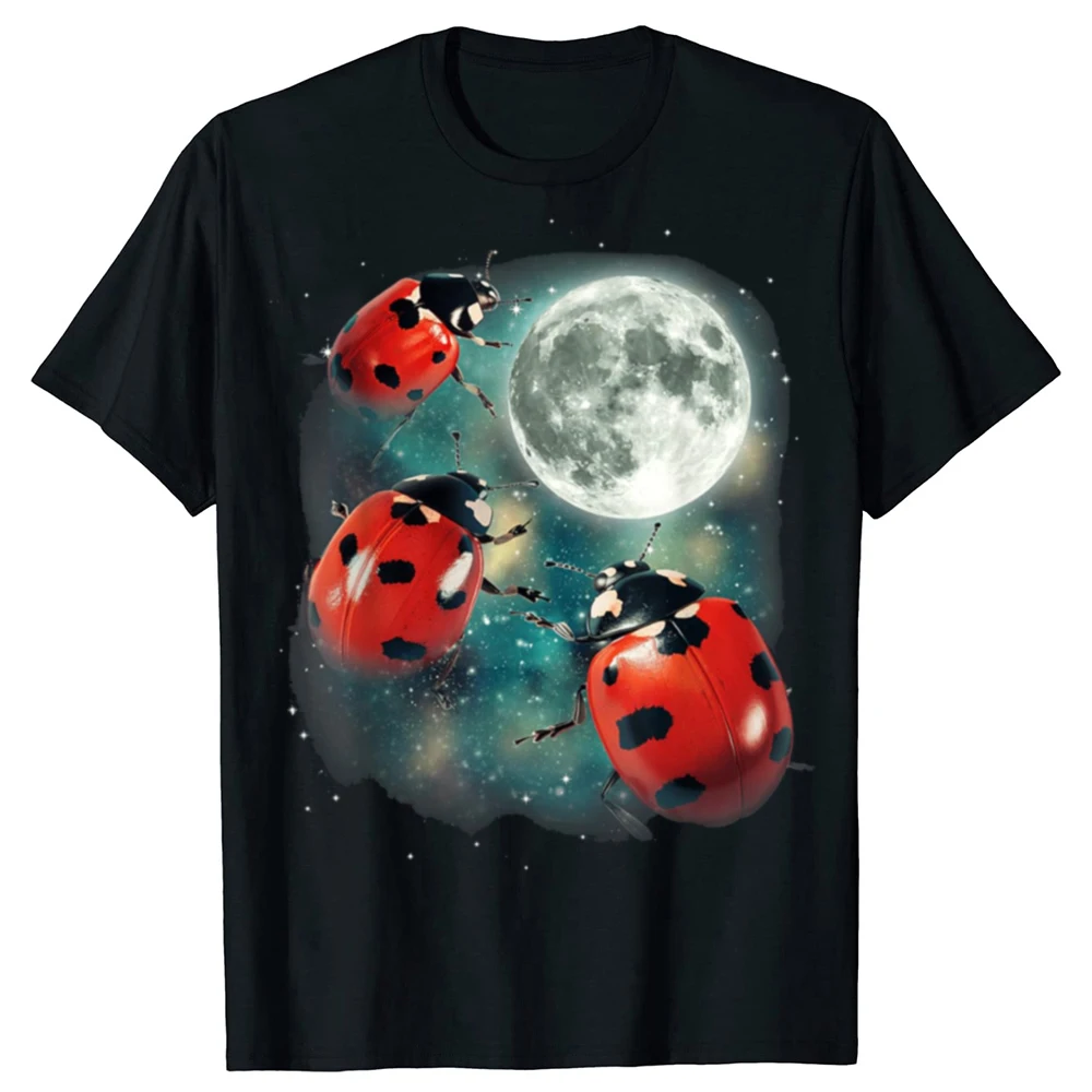 Lustiges Retro-T-Shirt mit drei Marienkäfern und Mond aus Baumwolle, Fitness-T-Shirt, übergroß, Unisex, Gärtner, Outdoor, niedliche Käfer-Grafik-T-Shirts, Streetwear