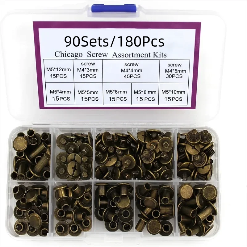 90Sets/180Pcs Chicago Screw Assortment Solid Bronze Binding Post Rivets ...