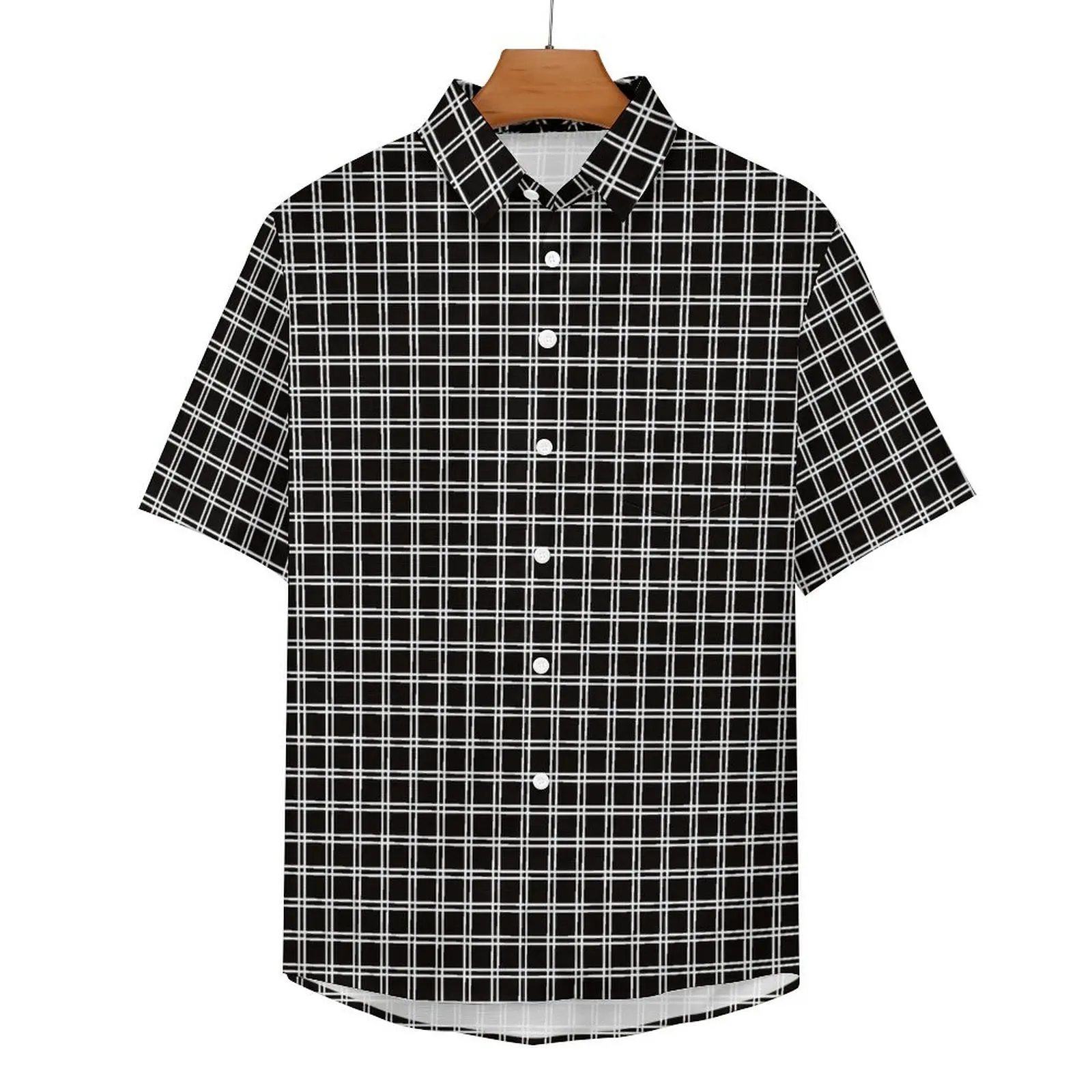 

Black Plaid Print Casual Shirts White Lines Beach Shirt Hawaiian Street Style Blouses Mens Print Big Size