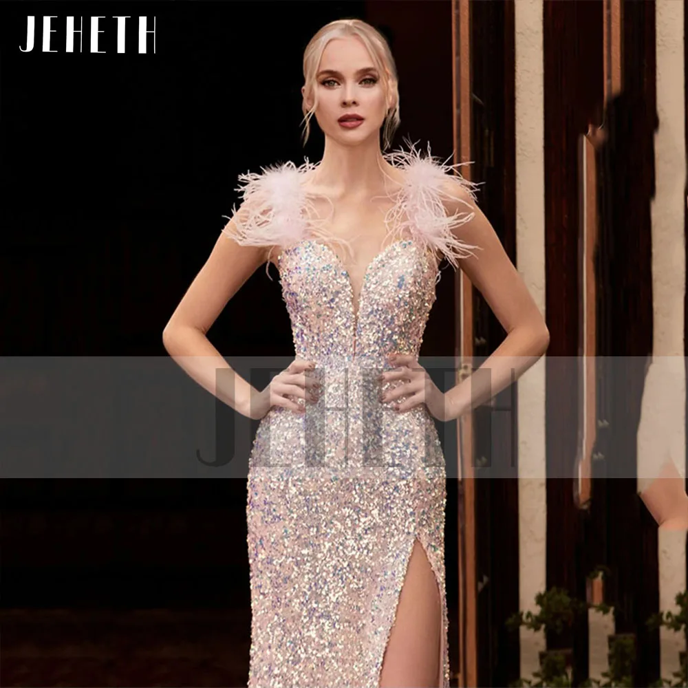 JEHETH Pink Elegant Feather Straps Sequins Evening Party Dress for Women  Mermaid Sweetheart Side Split Backless Prom Gown Formal