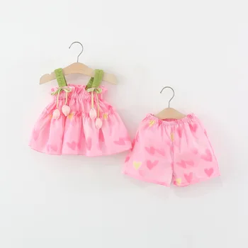 Baby Girl Two-Piece Set, Summer New Love Top+Shorts Children'S Clothing Suitable For Outings (9 Months -4 Years Old) 1