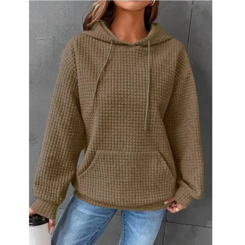 Spring Autumn New Casual Loose Round Neck Long Sleeve Women's Hooded Drawstring Sweatshirts Solid Color Pockets Fashion Tops