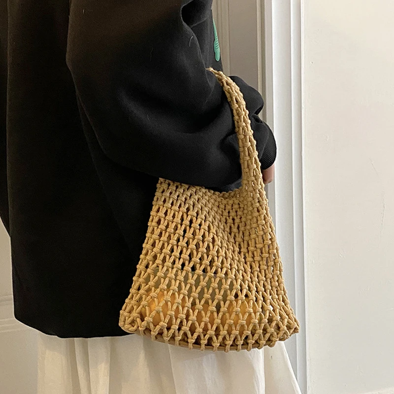 Summer Popular Beach Bag For Women Women Mesh Rope Weaving Reticulate Hollow Straw Bag Net Ladies Shoulder Bags Fashion Handbag