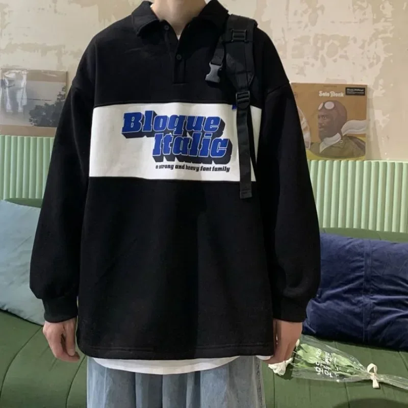 

Футболка-поло мужская с длинным рукавом, свитшот с надписью, повседневный черный пуловер, в стиле кэжуал