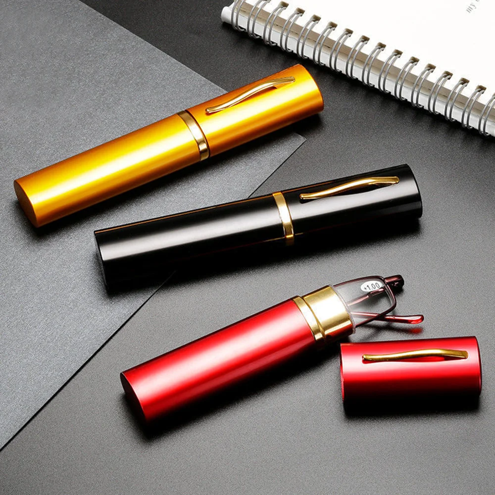 Unisex Reading Glasses With Pen Tube Case Portable Presbyopic Glasses Case Spring Hinge Eyeglasses Vision Care +1.00~+4.00