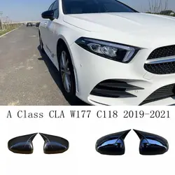 2pcs/set Car Horns Rearview Mirror Cover For Mercedes Benz A Class CLA W177 C118 2019-2021 Left Hand Drive Mirror Cover