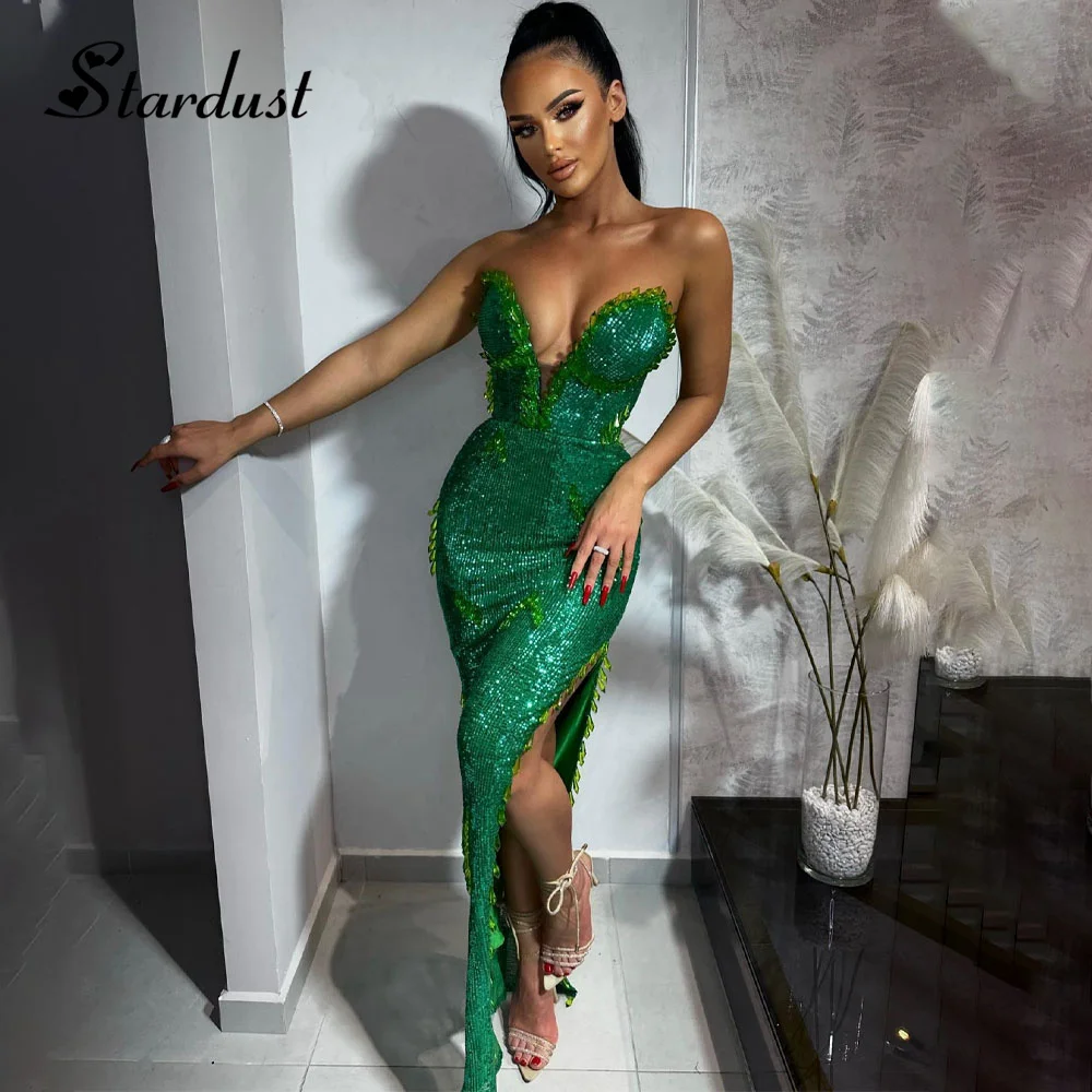 

Stardust Bling Straight Prom Dresses Sweetheart Deep V-Neck Crystals Sequin Slit Saudi Arabric Vestido de Formatura Personalized