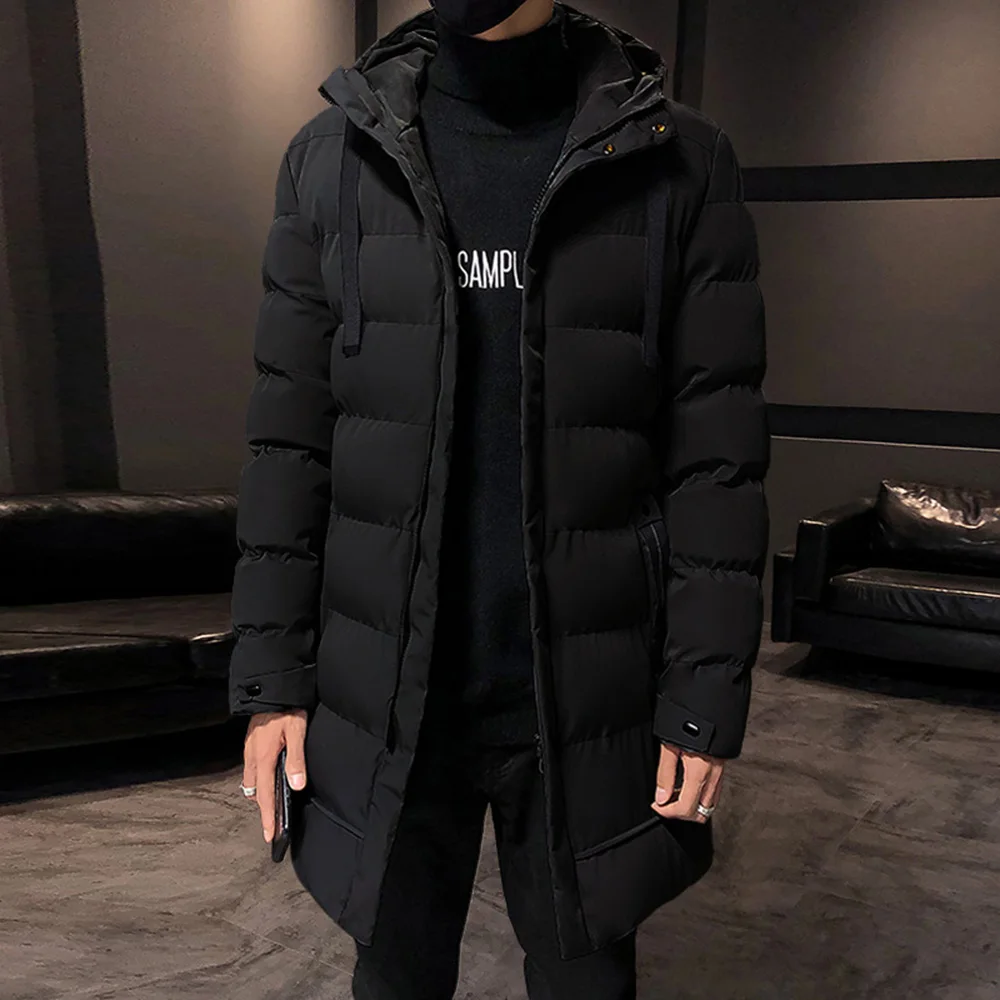 Winter High Quality Men Casual Fashion Solid Color Slim Hooded Zip Long Thick Warm Coat Overcoat Thick Hat Fashion Down Jacket