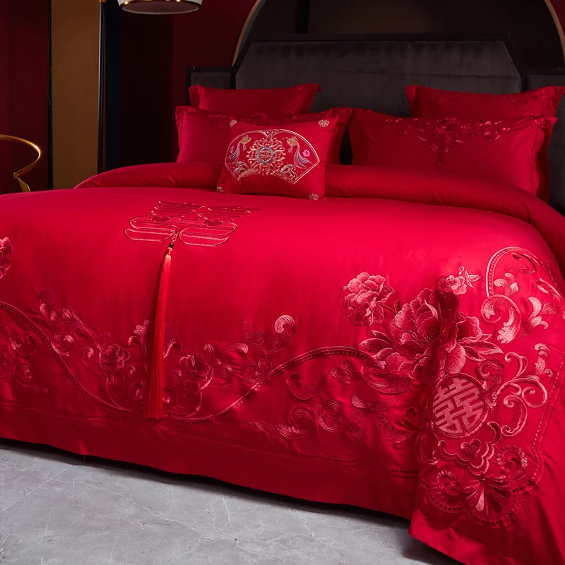 

Комплект постельного белья в китайском стиле, роскошное красное одеяло с кисточками и цветочной вышивкой, простыня, наволочки, однотонное хлопковое постельное белье