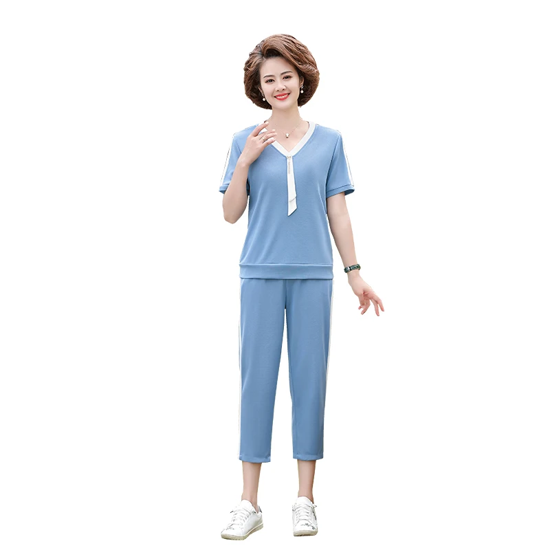 

2022 Women mother summer suit short-sleeved Sportswear tops middle-aged casual two-piece pants suits female summer