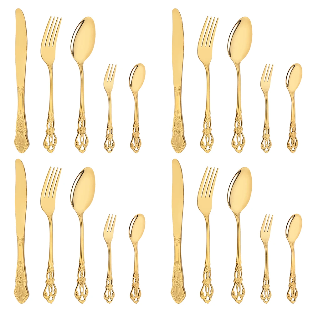 

Royal Gold 20Pcs Cutlery Set Knife Fruit Fork Spoon Dinnerware Flatware Stainless Steel Silverware Home Kitchen Tableware Set