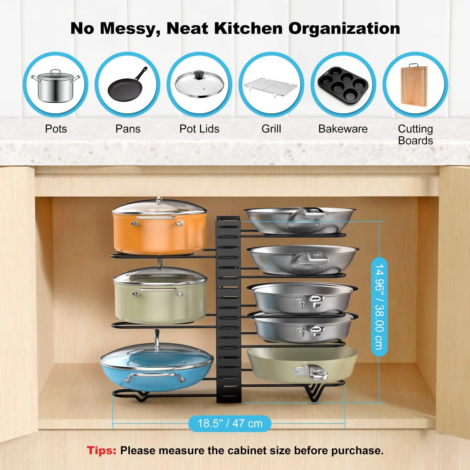 Pot Rack Organizer Under Cabinet,8 Tier Adjustable Pot Organizers Inside Cabinet,Pan Storage Organizer Rack for Storing Pots Pan 2