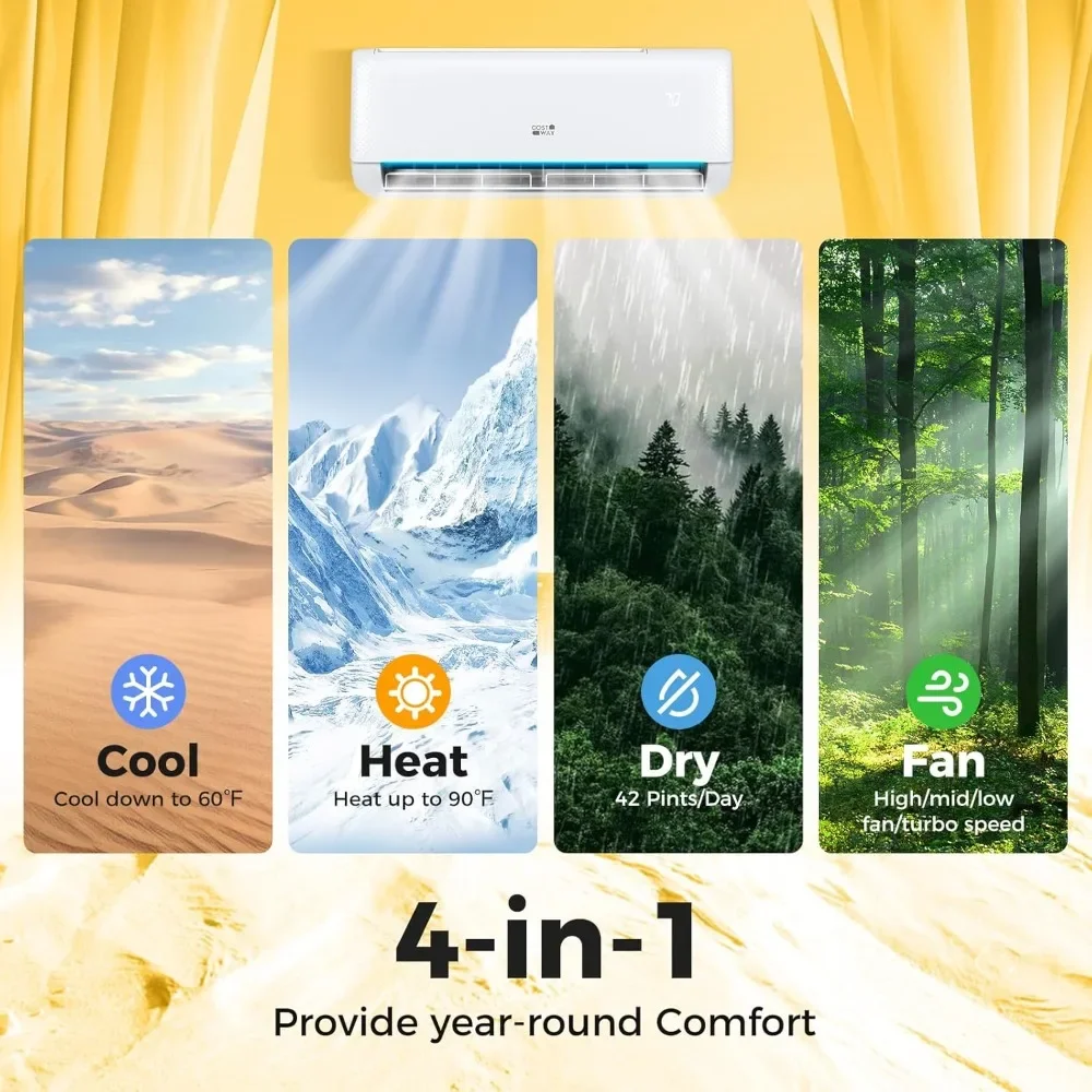 12,000 btu mini split air conditioner, with heat pump, energy star, 21 seer2 inverter, 24h timer, auto clean, remote control fo