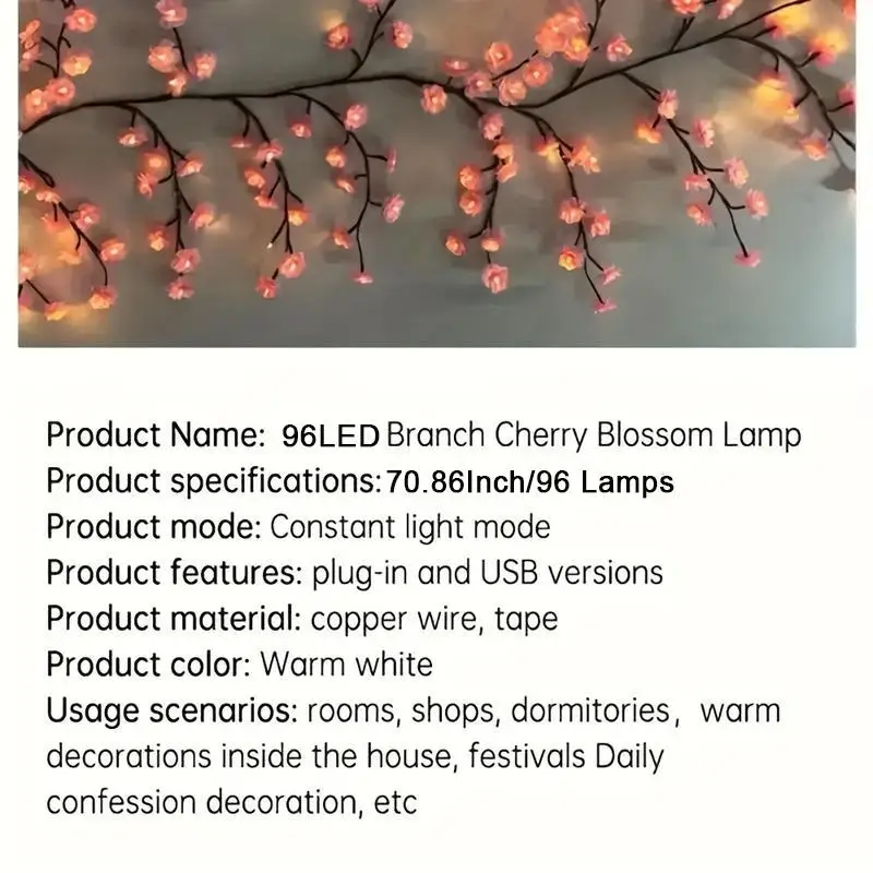 E5 Cherry Blossom LED Lights 96LEDs 8 Modes USB Powered DIY Home Decor Lamp Party Wedding Christmas Festival Home Festive Decor