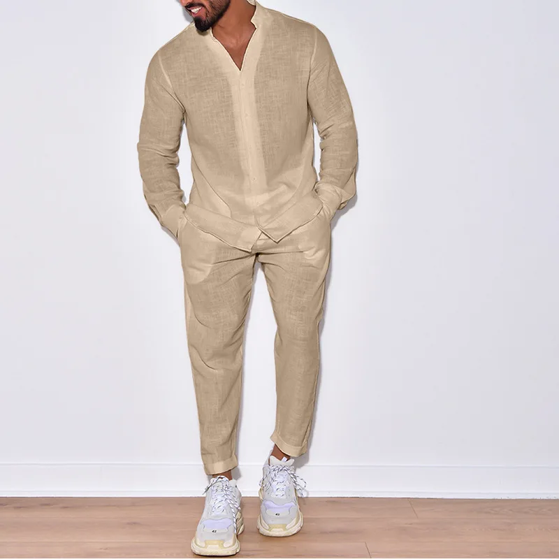 

2023 Spring Fall Mens Suits Casual Cotton Linen Loose Solid Color Two Piece Set Leisure Loose V Neck Shirt And Pants Outfits Men
