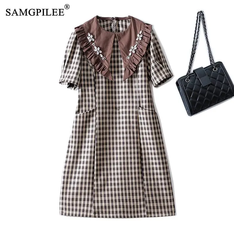 

Elegant Dresses For Women 2022 Summer New Lotus Leaf Collar Diamond-studded Plaid High-waisted Short-sleeved Elastic Dress Woman