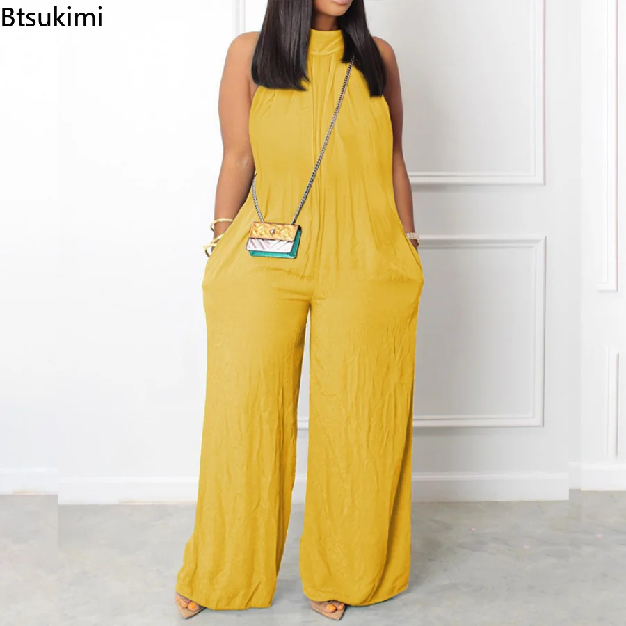 

New 2023 Women's Casual Jumpsuit Solid Pocket Design Asymmetrical Neck Sleeveless Wide Leg Suspender Jumpsuit Wide Leg Overalls