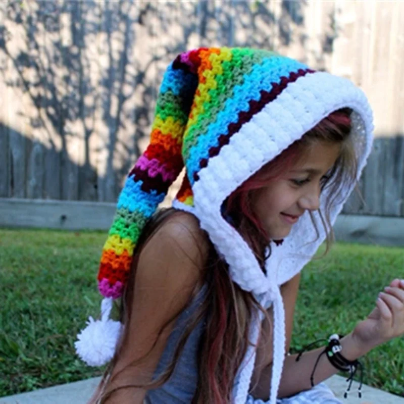 Children's crochet rainbow long tail hat wizard elf knitted wool warm hat men and women thickened winter long braided