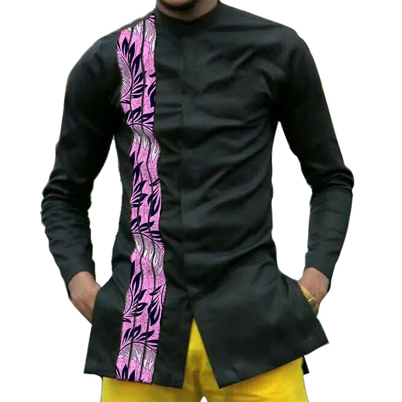 

African Clothing Men's Shirt Stand Collar Ankara Print On Black Patchwork Tops Custom Order Male Dashiki Wedding Wear