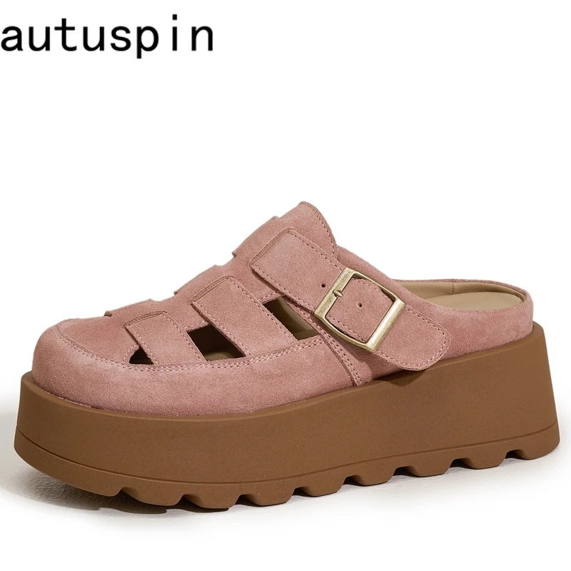 AUTUSPIN Retro Pink Mules Shoes Women Summer Hollow Out Suede Leather Ladies Slippers Wide Toe Casual Platform Slides Shoes 2025
