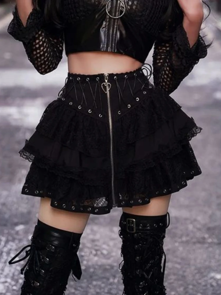 

Gothic Lace Skirt for Women, Emo Alternative Y2k E-girl Lolita High Waist Skirt, Harajuku Grunge Clubwear, Female Streetwear