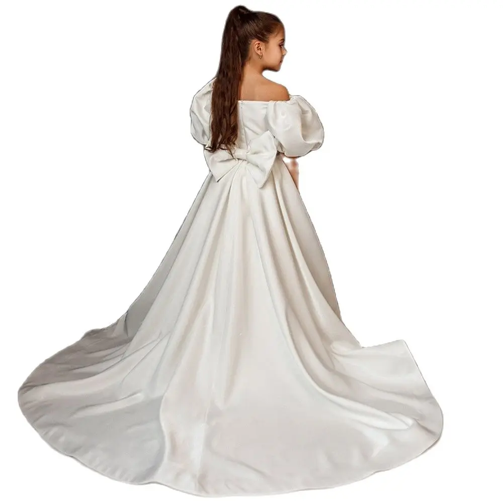 

Off Shoulder Princess Puffy Sleeves Flower Girl Dresses For Wedding Satin First Communion Gowns With Bow Graduation Performance