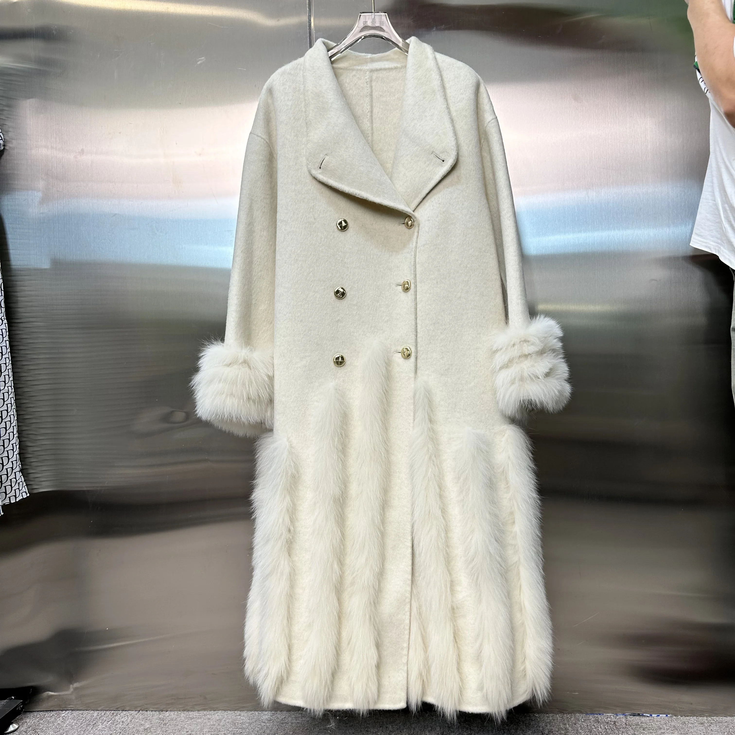 

Korean design fasmous 2023 long sleeve natural fox fur Real woolen trench coats VGV03