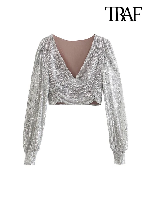 TRAF-Blusas fiesta con lentejuelas brillantes para Blusas Vintage de manga larga cremallera lateral, Blusas elegantes _ - AliExpress Mobile