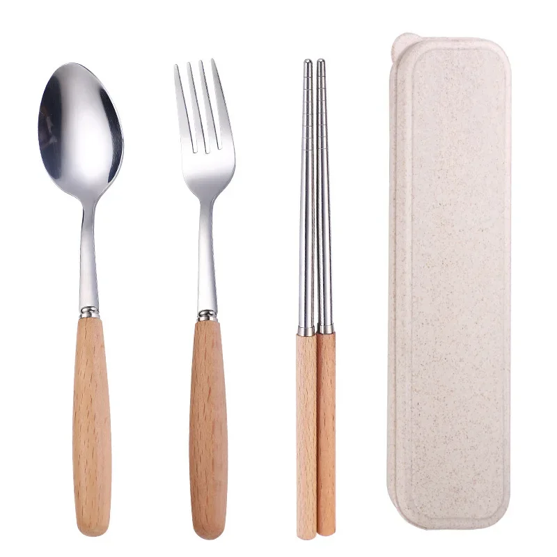 Wooden handle stainless steel tableware three-piece set Chopsticks fork spoon Students outdoor travel gift tableware set