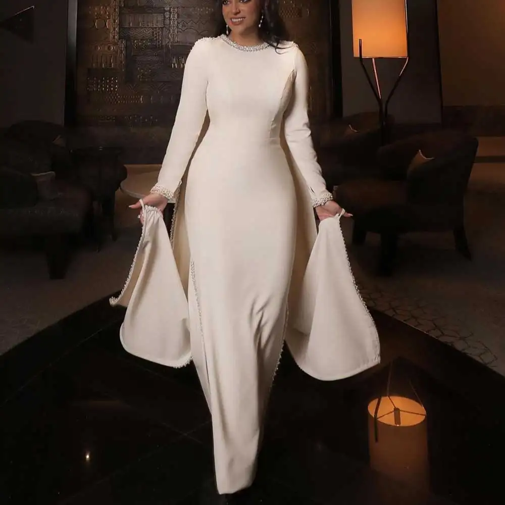 

Jersey Sheath Dubai Evening Dress Crew-Neck Long Sleeved Crystal Shawl Side Slit Saudi Arabian Women's Floor Length Prom Gown