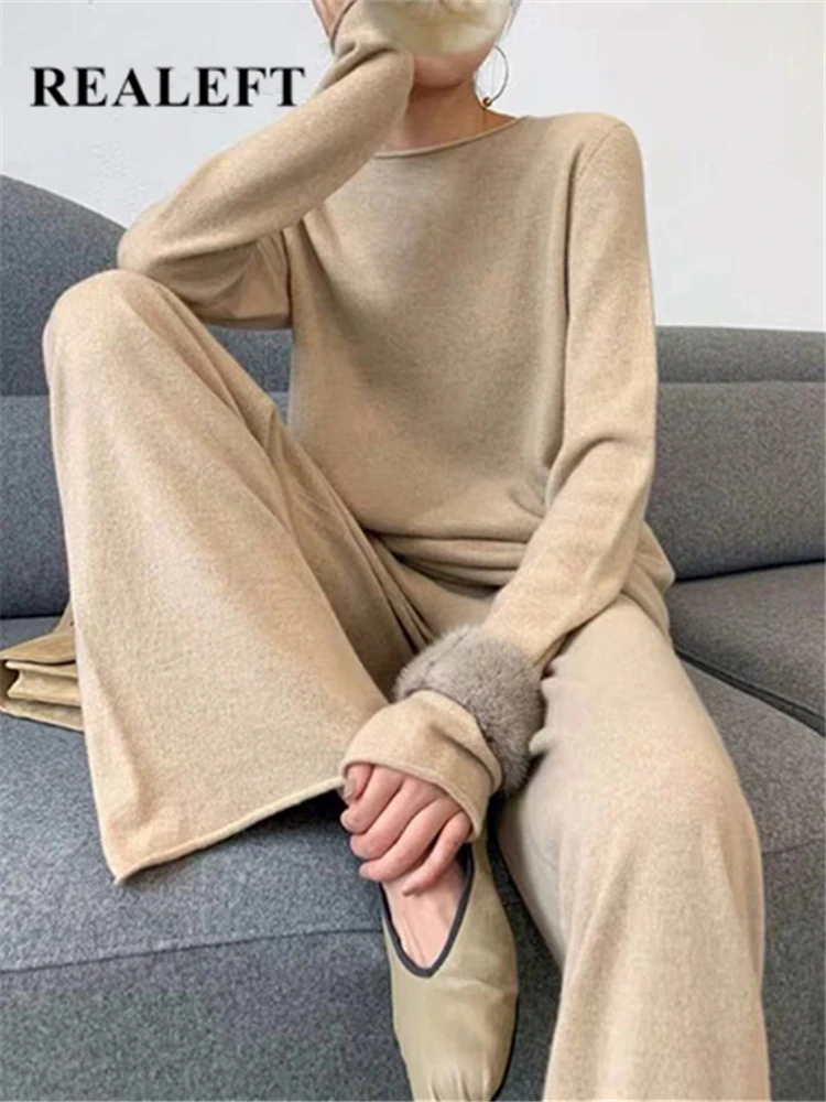 REALEFT-Conjunto de 2 piezas de chándal de Cachemira para mujer, jersey de cuello oblicuo y pantalones de pierna ancha para otoño e invierno, 2022 - AliExpress Ropa de mujer