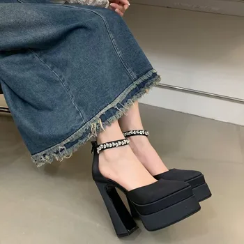 2025 New Fashion Catwalk Show Women's Single Shoes Fashion Pumps Summer Water Platform Thick Heel Pointed Toe Satin High Heels