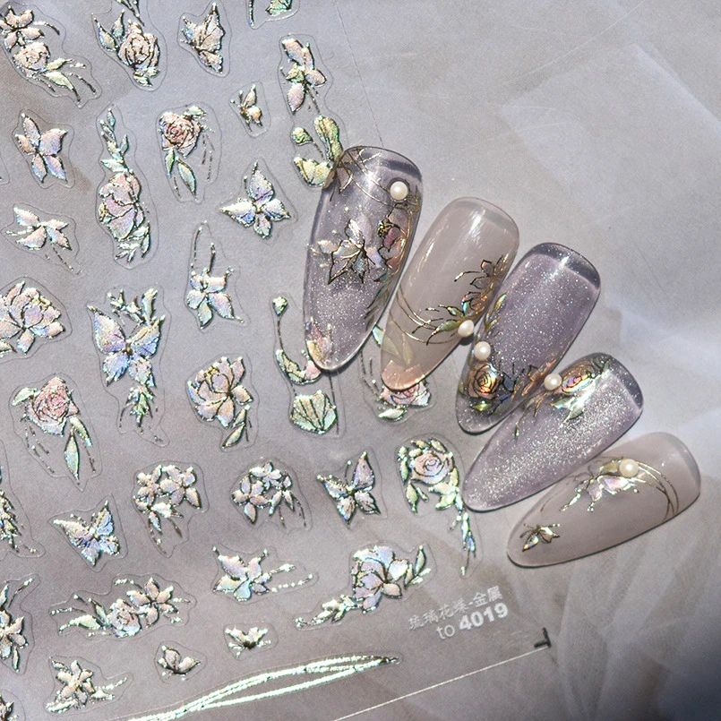 반짝이는 연꽃 다채로운 나비 레트로 중국 스타일 크레인 선풍기 대나무 릴리프 셀프 접착 네일 아트 스티커, 매니큐어 데칼