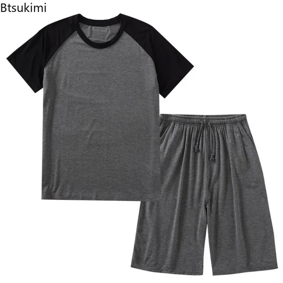 Pajama Sets Men's Summer Modal Pajama Sets O-neck Short Sleeve Tops and Short Pants Home Wear Man Loose Soft Colorblock Nightwear Sets