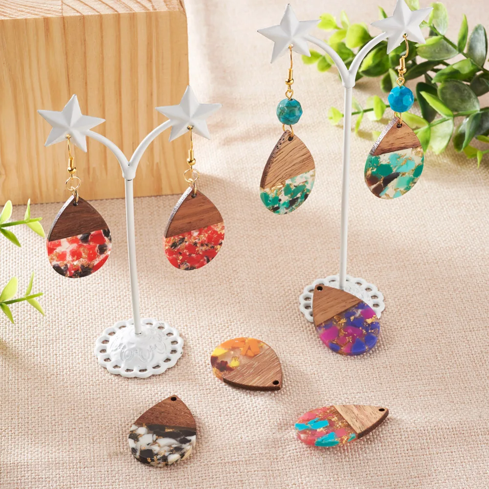 16Pcs Teardrop Resin Wood Charms for Earrings Resin Walnut Wooden Pendants with Foil DIY Jewelry Craft Making Necklace Earrings
