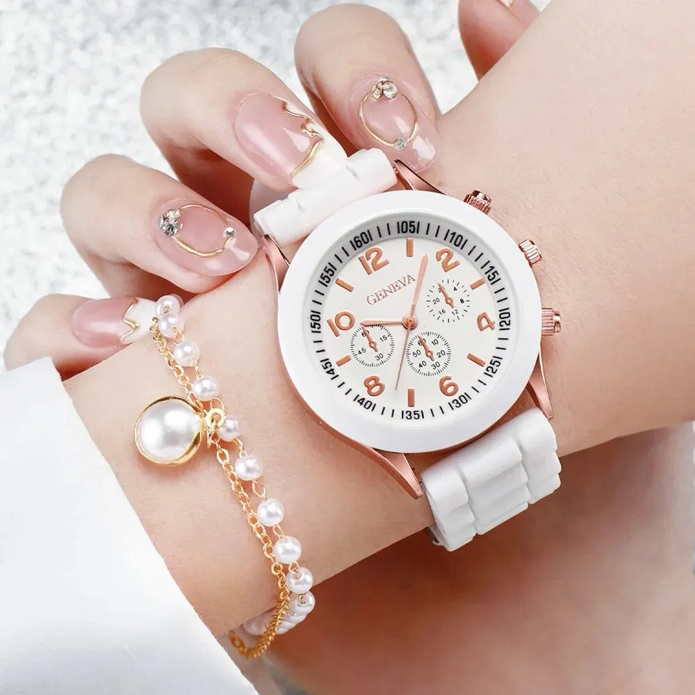 Women Watches Set 2PCS Fashion White Silicone Jelly Quartz Watch Ladies Dress Wristwatch Gifts for Girls Relogio Reloj Mujer 2
