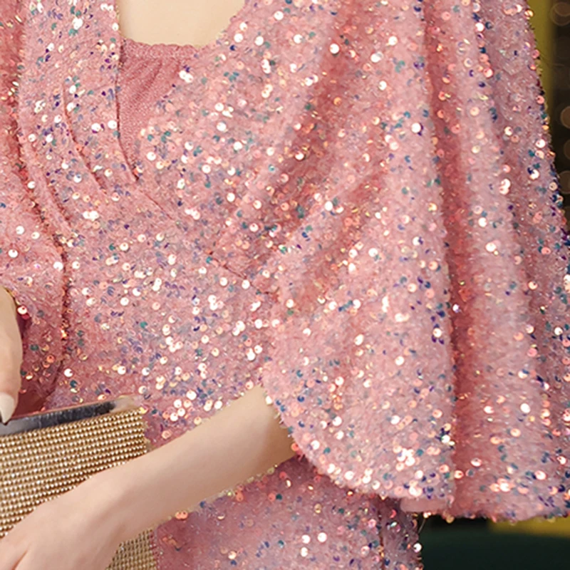 2023 New Evening Dress Women's Style Celebrity Pink Banquet Party Birthday Performance Host Gorgeous Sequin Dress