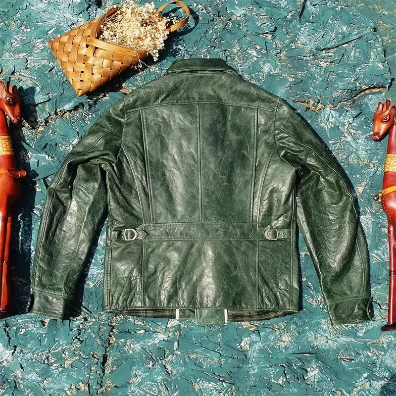 Description Picture 4 of itemshipping.Soft Free natural horsehide cloth.100% real tanned leather jacket.Classic Moto Rider coat.indigo.Plus size.